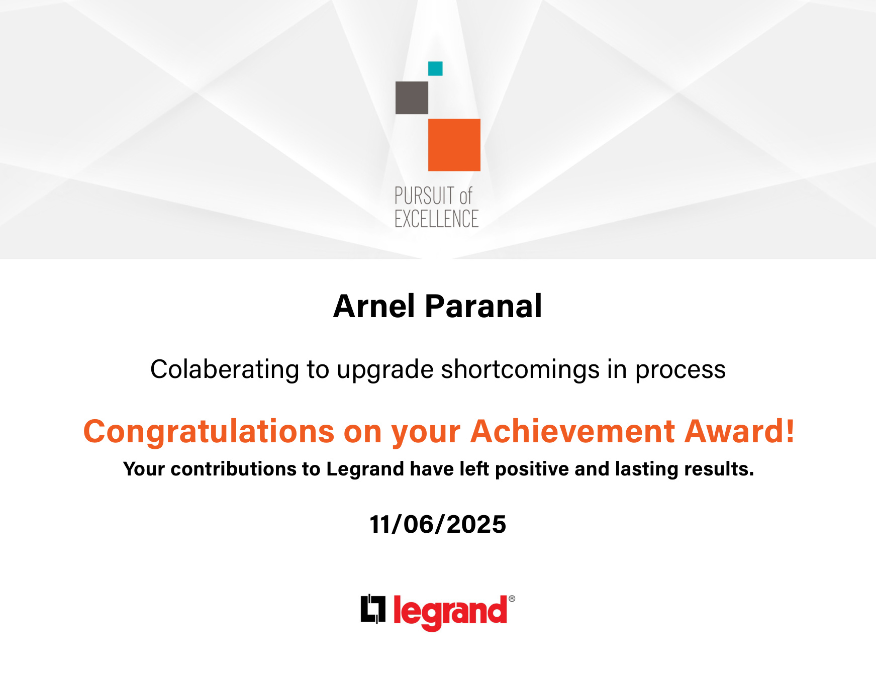 Legrand Achievement Award certificate for Arnel Paranal, dated November 6, 2025