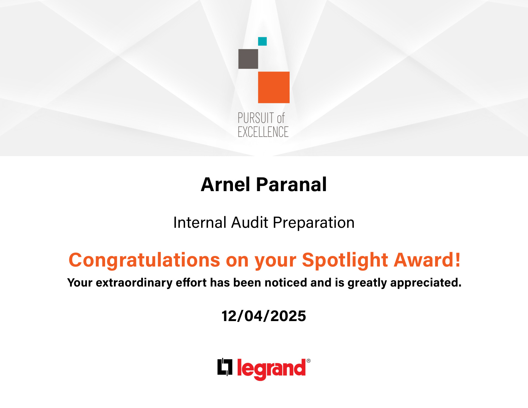 Spotlight Award certificate: Internal Audit Preparation